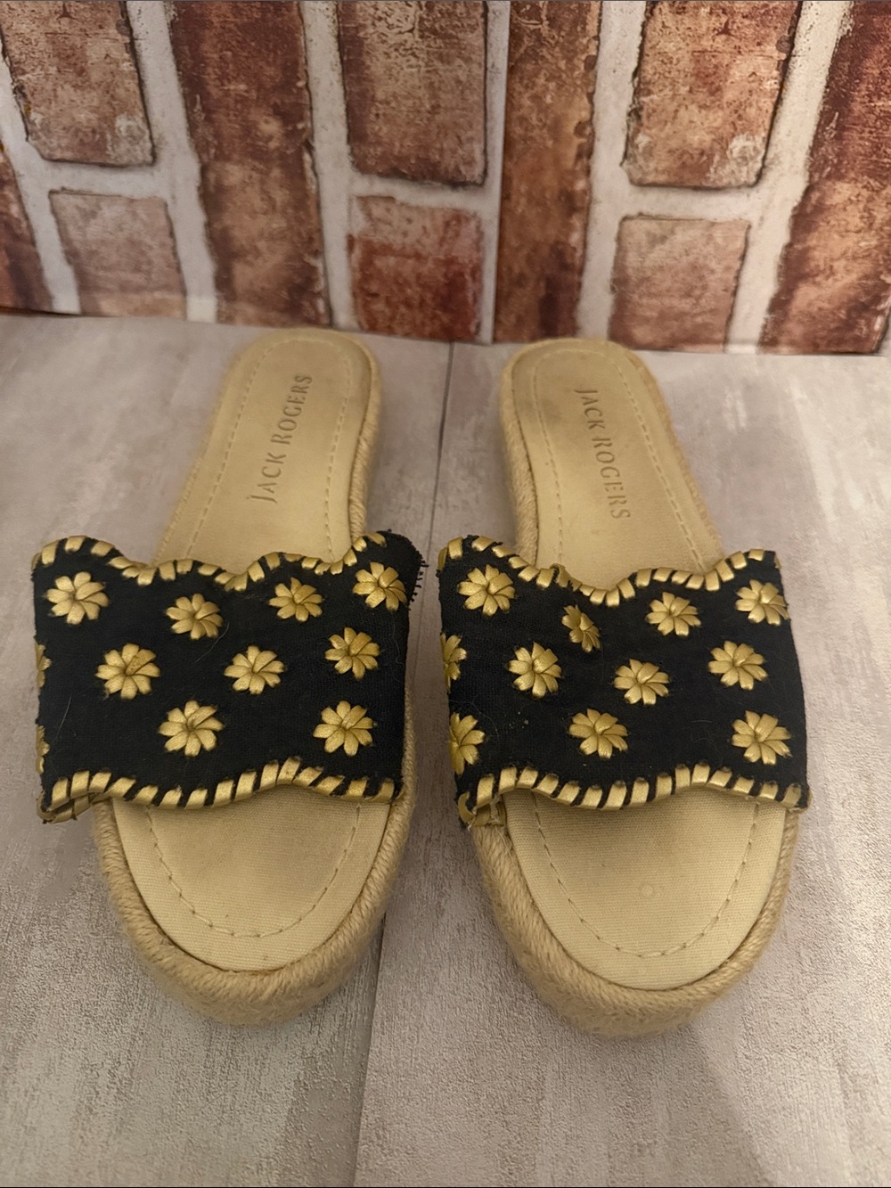 Jack Rogers Black Slide Sandals with Gold Floral Embroidery